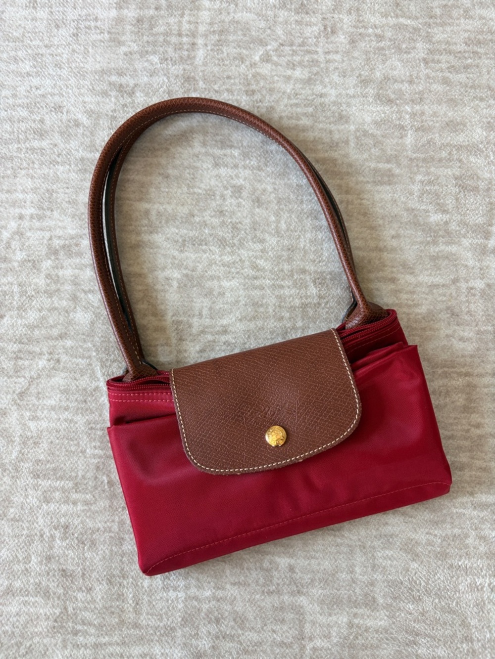 Longchamp Red Tote with Brown Leather Trim
